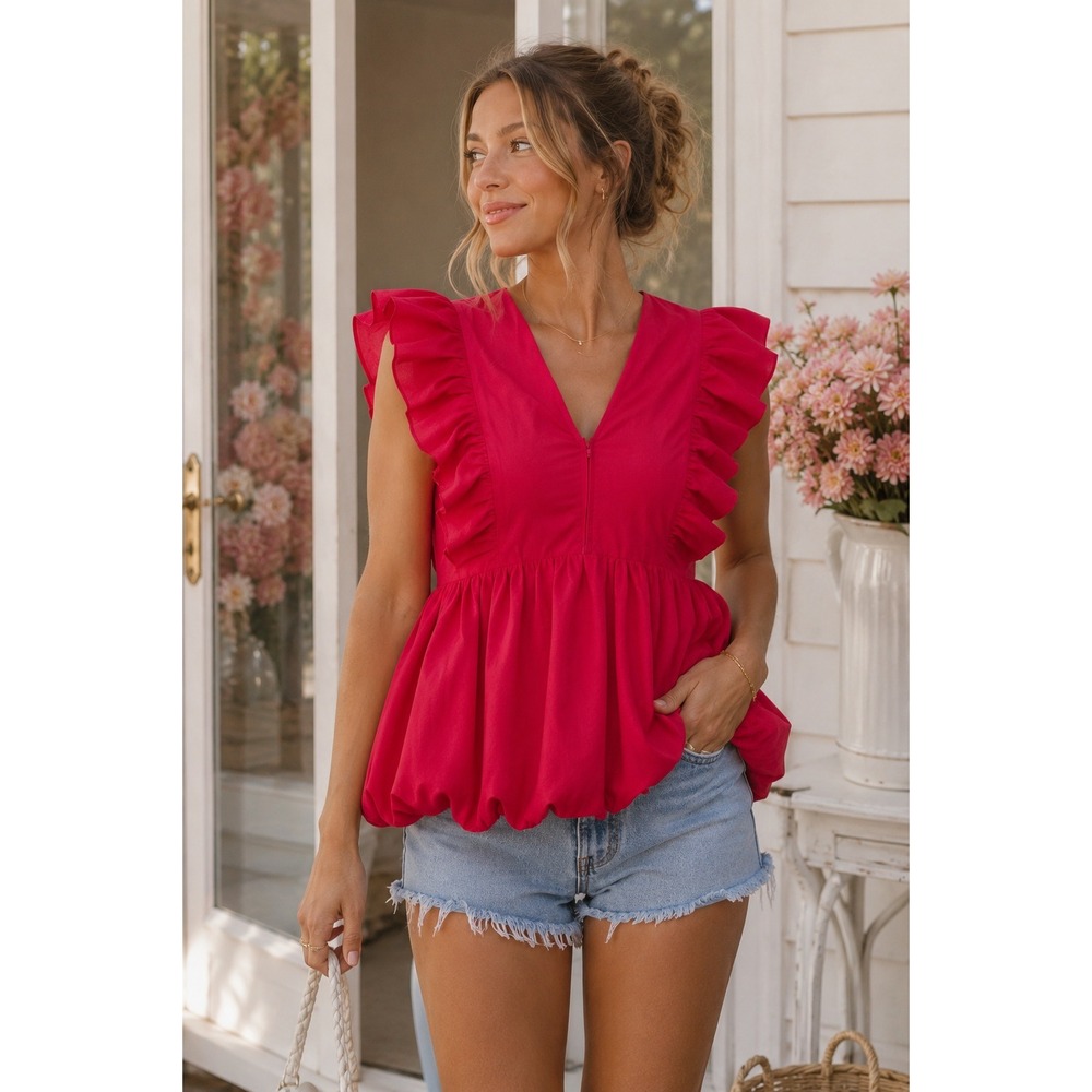 Fourteen & 9th Linen Blend Ruffle Bubble Hem Blouse Pink Size S Coquette